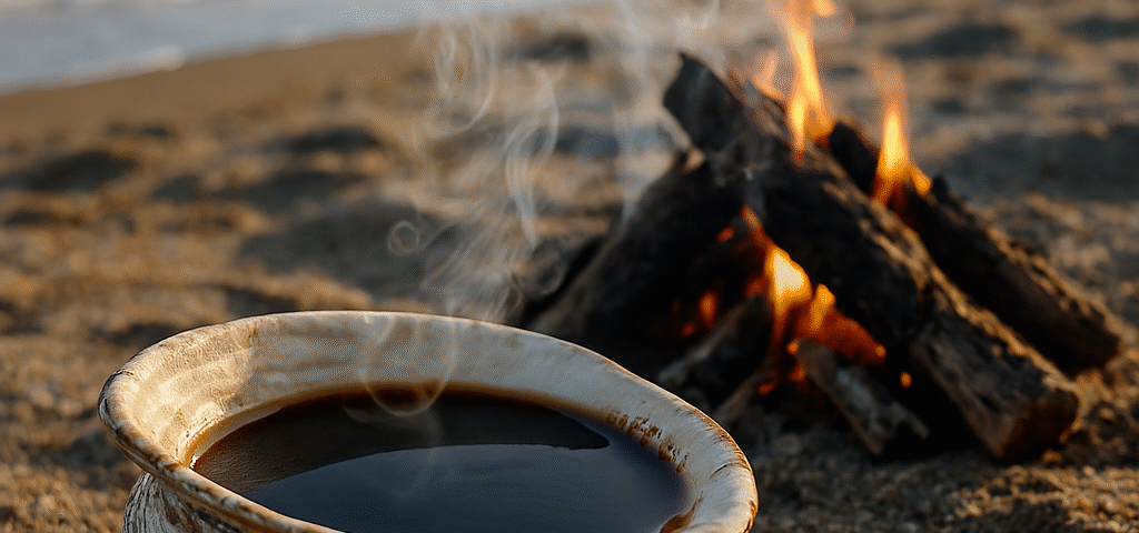 Smokey fire and clam shell of coffee on Humor Island.
