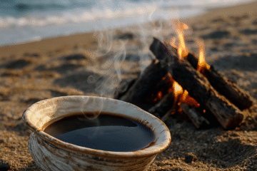 Smokey fire and clam shell of coffee on Humor Island.