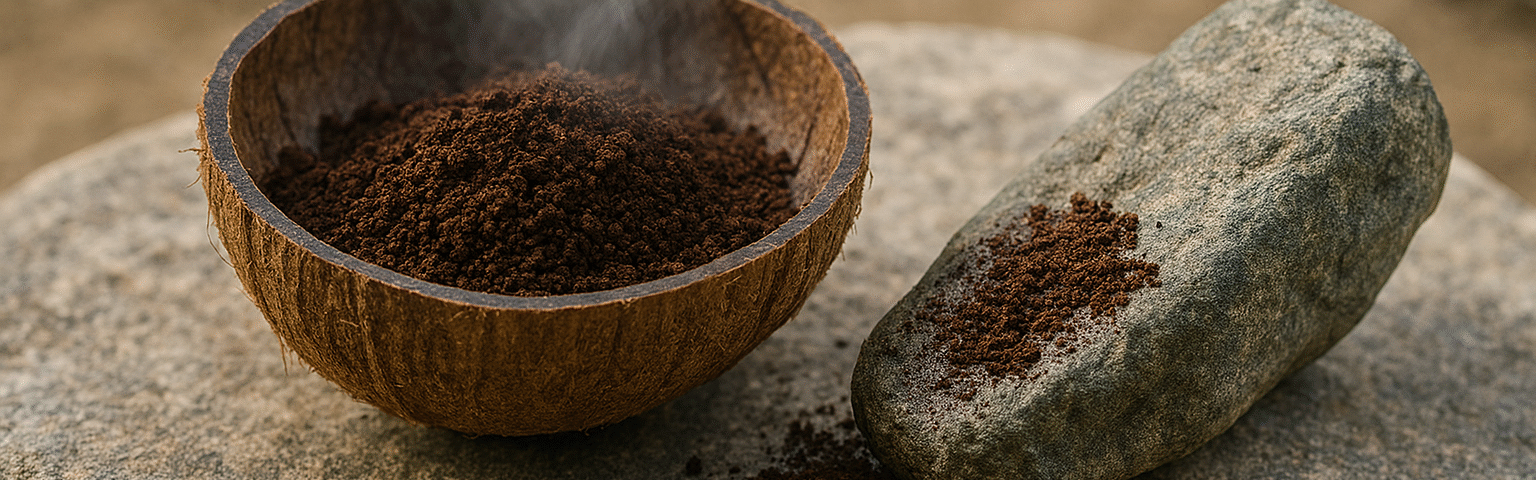 Grinding coffee beans on a rock