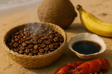 An island breakfast with coffee ina clam shell