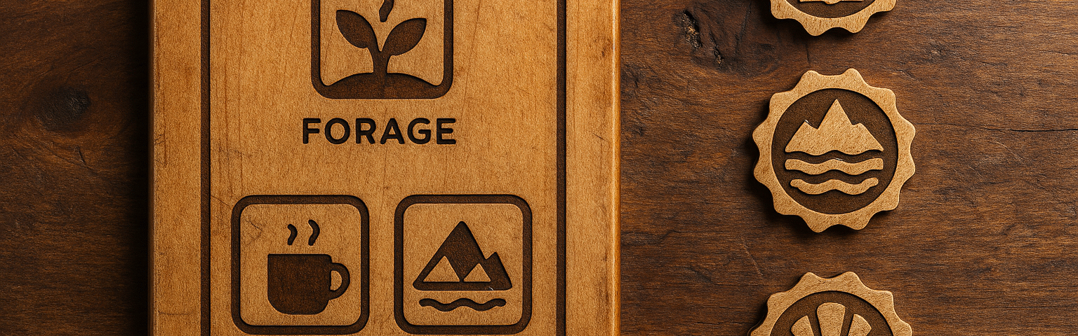 Handcrafted wooden tablet engraved with icons labeled Forage, Brew, and Reflect, placed beside three scallop-shaped shell badges on a rustic wooden surface.