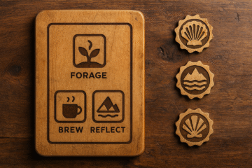 Handcrafted wooden tablet engraved with icons labeled Forage, Brew, and Reflect, placed beside three scallop-shaped shell badges on a rustic wooden surface.