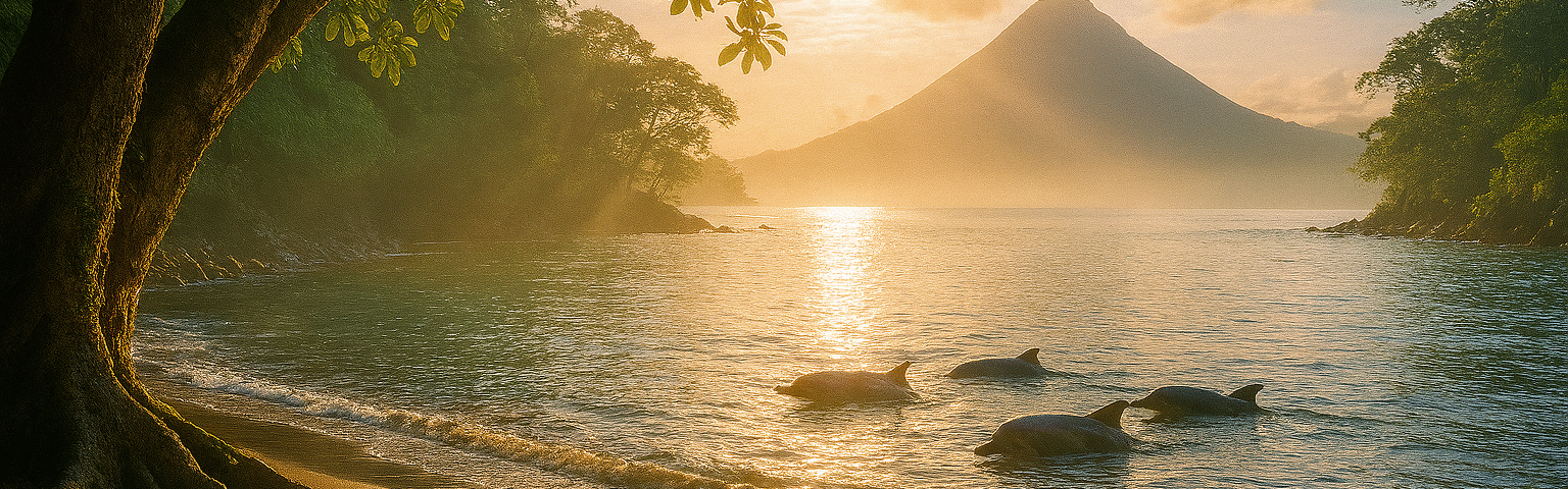 A photorealistic dawn scene on a secluded tropical beach: three dolphins swim in calm waves, sunbeams filter through a moss-covered canopy onto golden sand, and a distant volcano peak glows in soft morning light.
