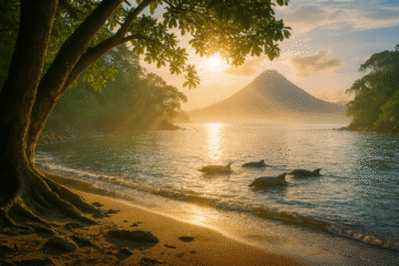 A photorealistic dawn scene on a secluded tropical beach: three dolphins swim in calm waves, sunbeams filter through a moss-covered canopy onto golden sand, and a distant volcano peak glows in soft morning light.